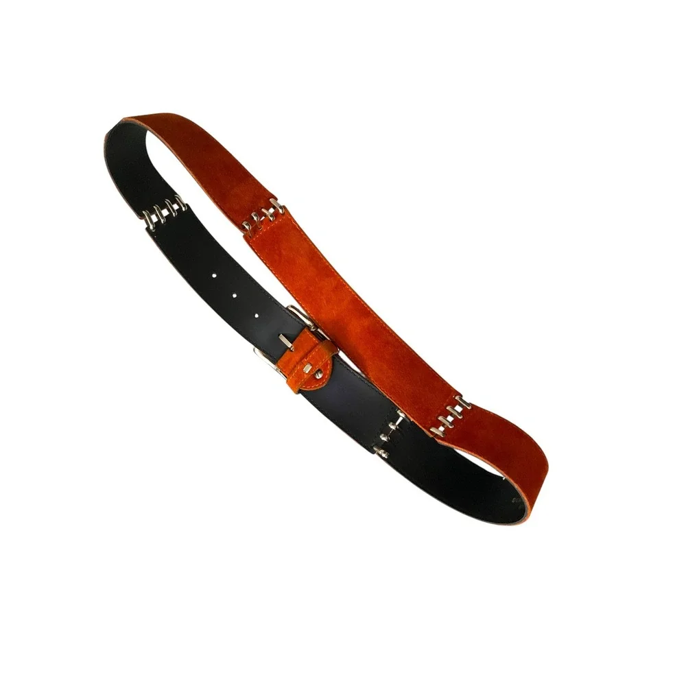 Italian Burnt Orange Suede Leather Wide Waist Belt Silver Hardware Made in Italy